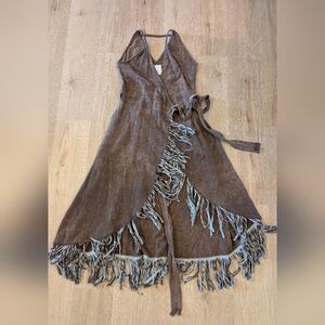handmade etsy Kayame Boutique organic cotton linen wrap midi fringe dress M boho
